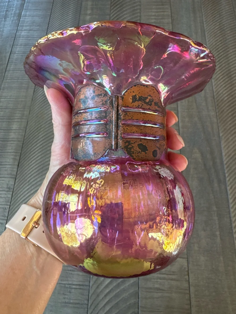 Vintage Silvestri Mouth-Blown Iridescent Pink/Purple Glass Vase W/Cage Neck Ring